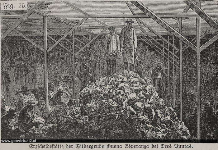 Patio de minerales en la mina Esperanza de Tres Puntas; de Tornero 1872