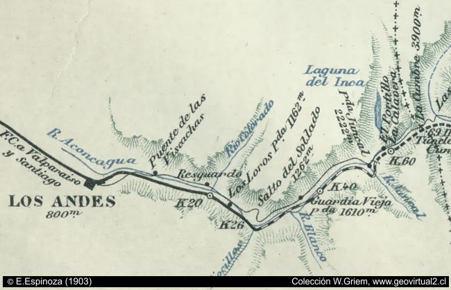 Mapa ferrocarril trasandino por Los Andes, Chile - Espinoza, 1903