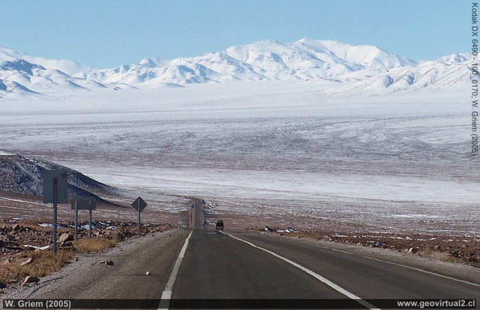 Road to Carrera Pinto in the Atacama Desert in the middle of winter with snow (Atacama Region, Chile).