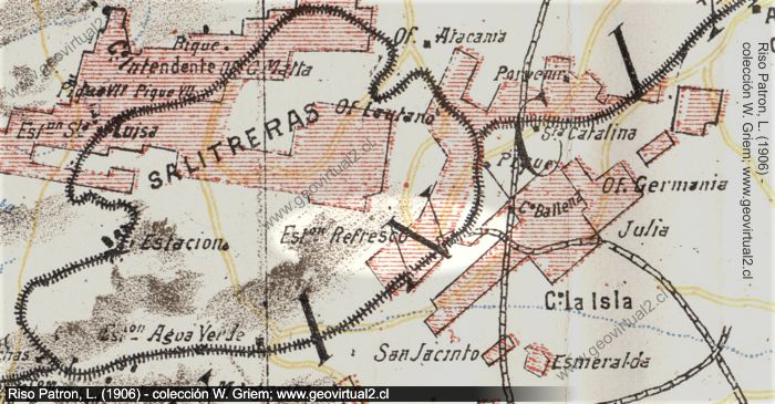 Mapa del sector Refresco, salitreras de taltal de Risopatron, 1906
