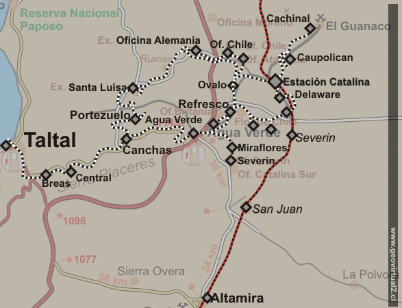 Mapa de los ferrocarriles históricos de Taltal - Salitreras