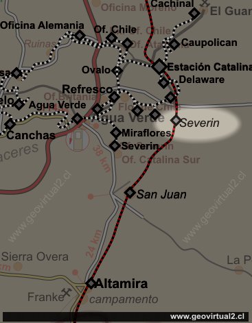 Mapa ferrocarril de Severin, linea longitudinal del desierto de Atacama, Chile