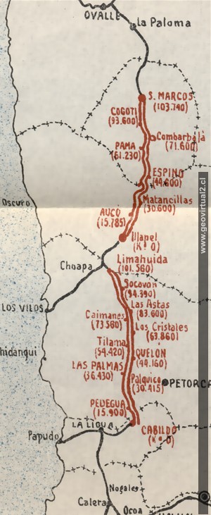 Karte der longitudinalen Eisenbahnlinie in Chile - Ovalle
