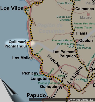 Mapa de Quilimaría, ferrocarril longitudinal de Chile
