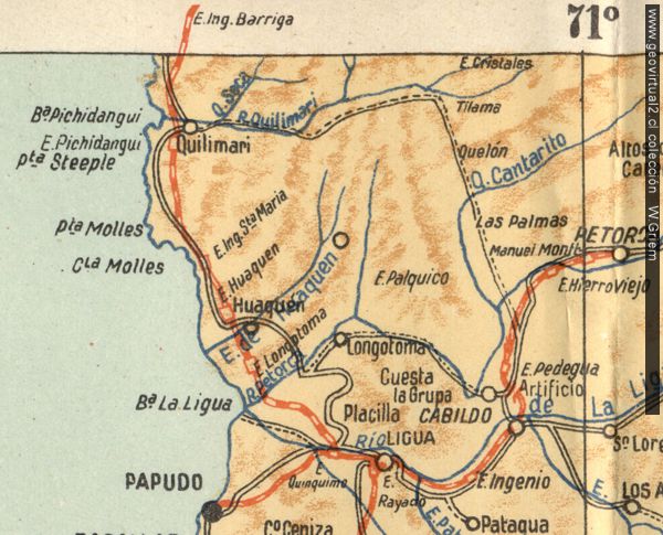 Mapa de la líneas ferreas en 1947 en Chile - con la línea costera entre Ligua y Vilos