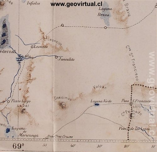 Historische Karte der Anden bei Copiapo, Atacama-Wüste, Chile