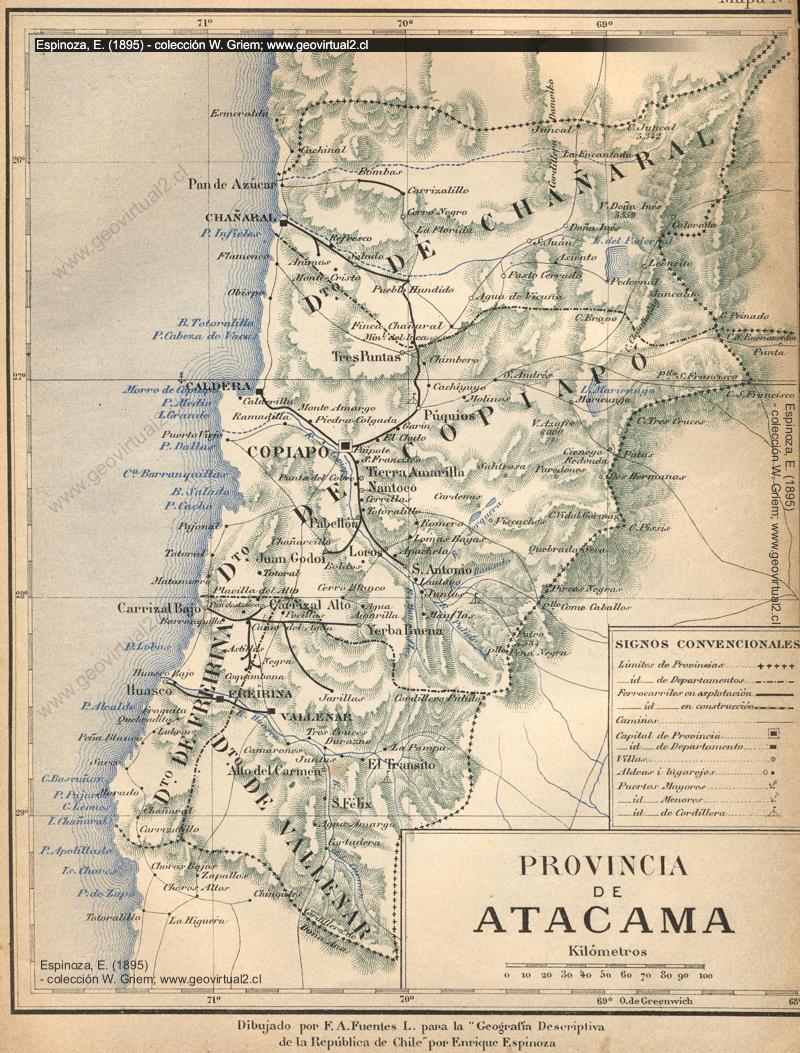 Historische Karte der Atacama-Wüste, Chile: Espinoza 1895