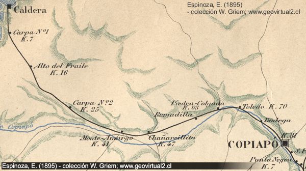 Karte der Eisenbahnlinien von Copiapó - Caldera; Espinoza (1895)