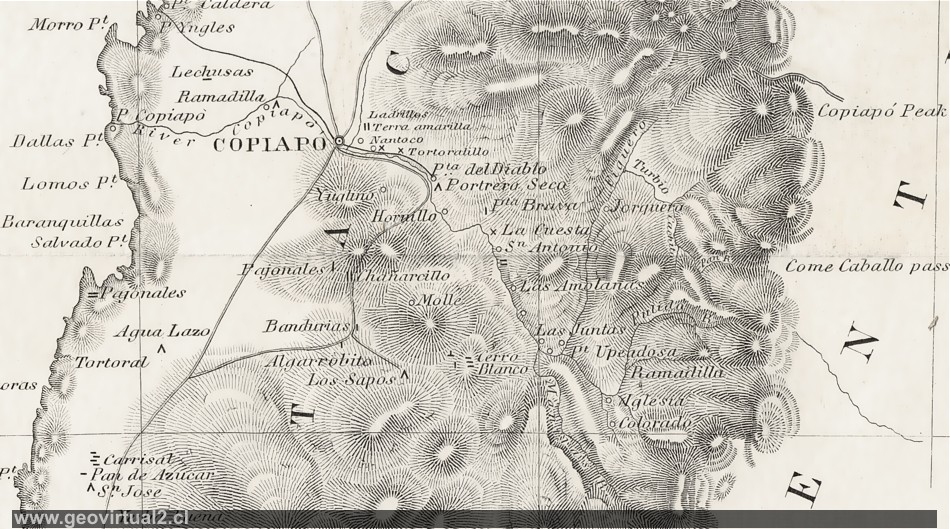 Historische Landkarte von Claudio Gay und Gillis: Copiapo und die Atacama-Wüste in Chile