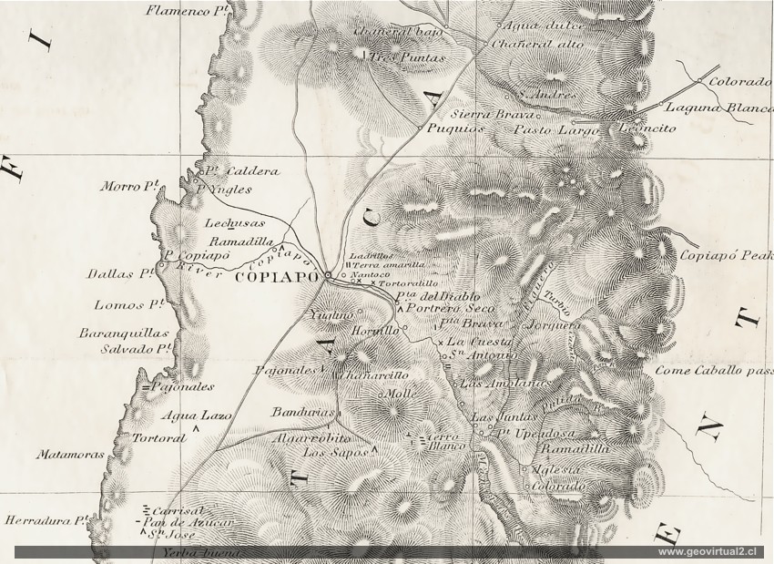 Historische Landkarte von Claudio Gay und Gillis: Copiapo und die Atacama-Wüste in Chile (norden)