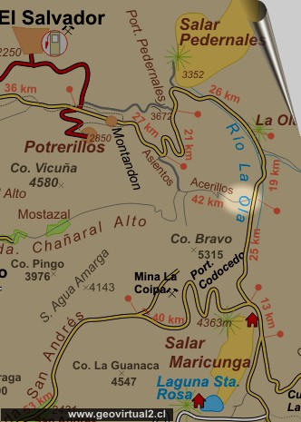 Strassenkarte der Salzpfannen Pedernales un Maricunga in der Atacama Wüste von Chile