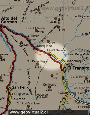 Strassenkarte vom Oberem Huasco Tal in der Atacama Region in Chile