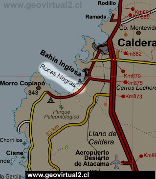 Strassenkarte der Strände bei Caldera in der Atacama Region in Chile
