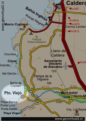 Karte der Pazifikküste bei Puerto Viejo in der Atacama Region, Chile