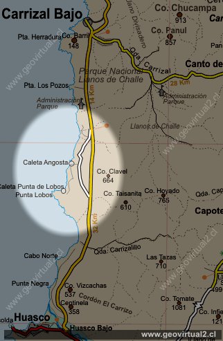 Strassenkarte der Küste bei Carrizal Bajo in der Atacama Region in Chile