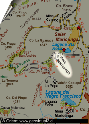 Mapa del sector Portezuelo Maricunga, cerca de la Laguna Santa Rosa en Atacama, Chile