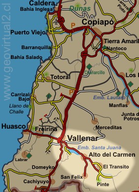 Mapa del interior de Vallenar, Region de Atacama