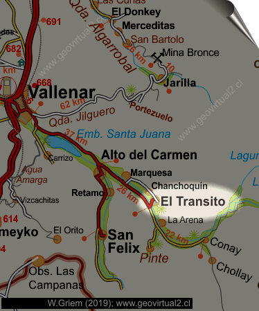 Strassenkarte des Bereiches von El Transito im Huasco Tal in der Atacama Region