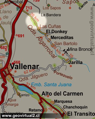Strassenkarte des Bereiches zwischen Vallenar und Algarrobillo