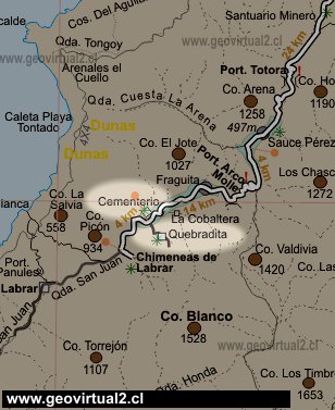 Strassenkarte vom Bereich Freirina nach Labrar in der Atacama Region - Chile