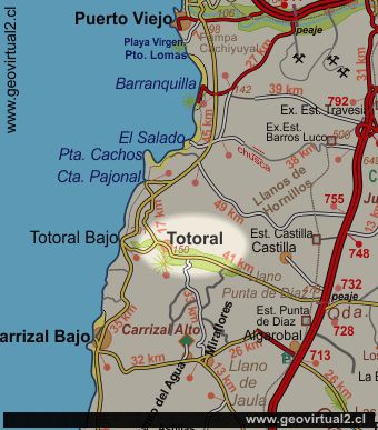 Strassenkarte vom Bereich Totoral in der Atacama Wüste in Chile