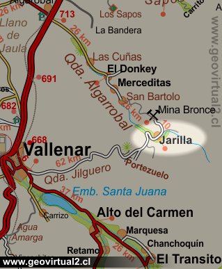 Strassenkarte vom Bereich zwischen Vallenar und Algarobo in der Atacama Wüste in Chile