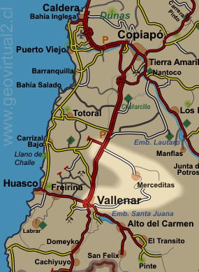 Strassenkarte des Bereiches vom Algarrobal Tal in der Atacama Wüste in Chile