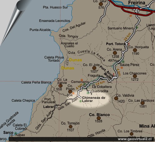 Strassenkarte des Bereiches von Labrar in der Atacama Region - Chile