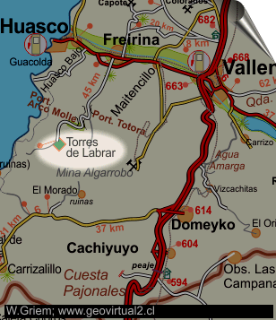 Lagekarte der Schornsteine von Labrar in der Atacama Region in Chile