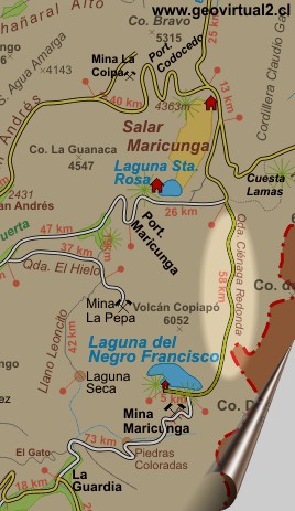 Karte der Strasse zur Franzisco Lagune  in den Anden der Atacama Region in Chile