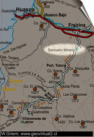 Strassenkarte südlich von Freirina in der Atacama Region in Chile