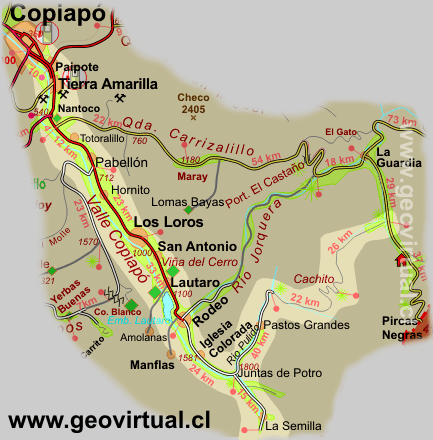 Strassenkarte vom Copiapo Tal in der Atacama Region in Chile