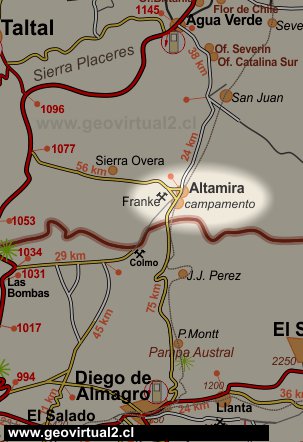 Strassenkarte zwischen Diego de Almagro und Agua Verde in der Atacama Wüste - Chile