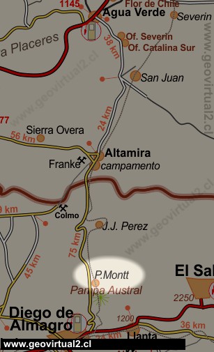 Mapa del sector Pampa Austral con la estación Pedro Montt; Desierto de Atacama, Chile