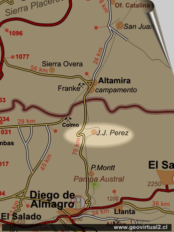 Strassenkarte der Atacama Wüste, Weg nach Taltal über die Salpeter Felder in Chile