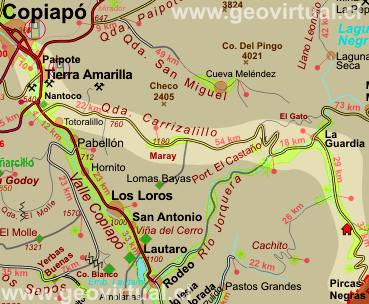 Strassenkarte Copiapo zum Pircas Negras Pass in der Atacama Wüste - Chile
