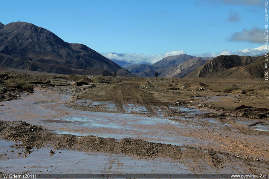 Paipote Ravine with the International Road in the Atacama Desert after heavy rainfall in 2011.