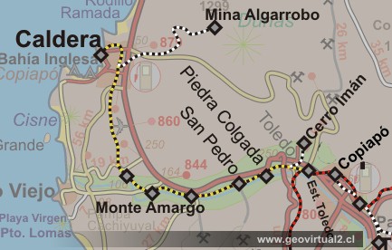 Carta del trayecto ferroviario Caldera - Copiapo, Atacama - Chile