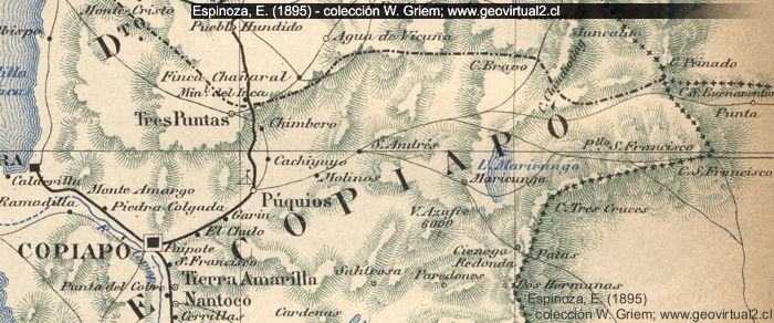 Landkarte von Espinoza, 1895: Der Paso San Francisco in der Atacama Region, Chile