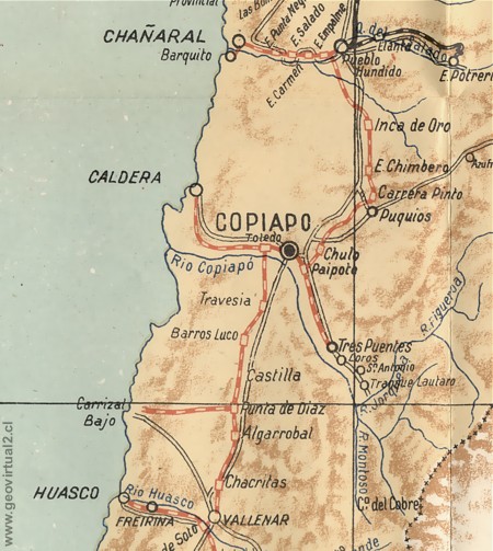 Landkarte der Eisenbahnlinien in der Atacama Wüste 1947