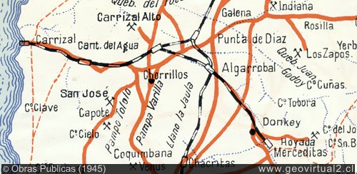Mapa de las líneas férreas de Carrizal Bajo en Atacama, Chile