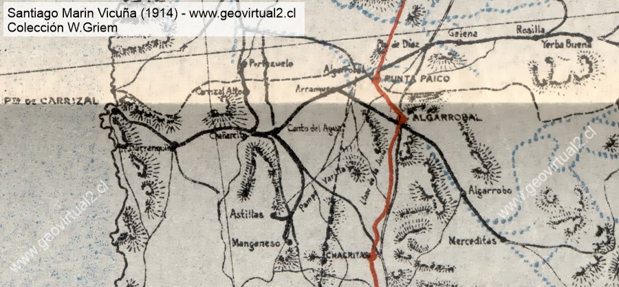 Carta de los ferrocarriles de Carrizal en Atacama, de Marin - 1914