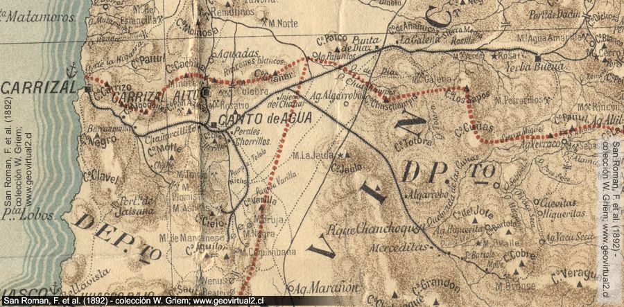 Die Eisenbahnlinien von Carrizal in Atacama, Karte von San Roman, 1892