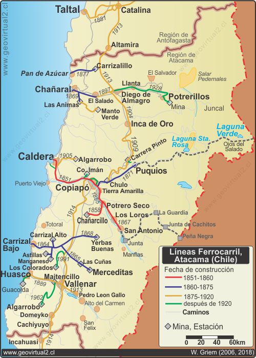 Map of thehistorical railroads in the Atacama Region