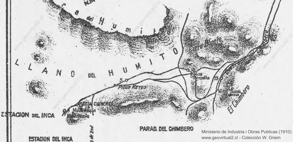 Detailkarte von 1910 der Streckenführung bei Inca de Oro - Atacama-Wüste, Chile