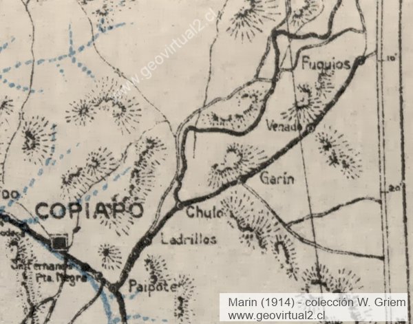 Marin, 1914: Carta de la linea férrea a Puquios, Región de Atacama, Chile