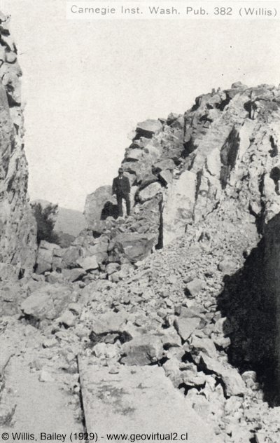 Corte de la linea ferrea entre Vallenar y del pueblo Pedro Leon Gallo (Atacama, Chile) en 1922 despues del terremoto - B. Willis