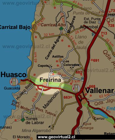 Lage-Karte von Freirina in der Atacama Region, Chile
