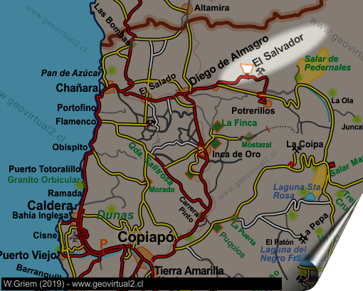 Map of the Region El Salvador - the town in the Andes of northern Chile - Atacama Desert