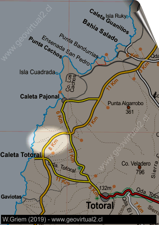 Strassenkarte der Küste bei Huasco in der Atacama Region in Chile